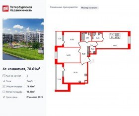ЖК «Парадный ансамбль», планировка 3-комнатной квартиры, 78.61 м²