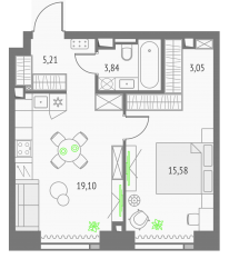 ЖК «Upside Towers», планировка 1-комнатной квартиры, 46.78 м²