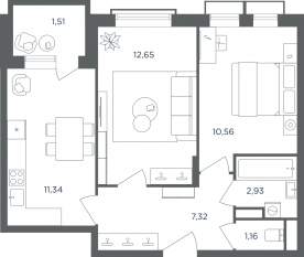 МФК «Равновесие», планировка 2-комнатной квартиры, 47.40 м²
