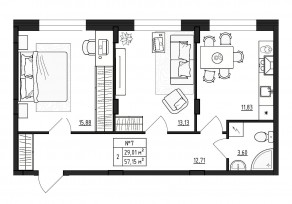 МЖК «Верево-Сити», планировка 2-комнатной квартиры, 57.15 м²