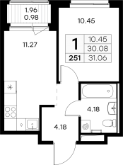 ЖК «GloraX Новоселье», планировка 1-комнатной квартиры, 31.06 м²