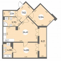 ЖК «Огни Залива», планировка 2-комнатной квартиры, 74.53 м²