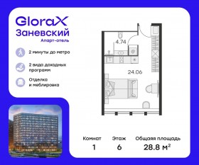 Апарт-комплекс «GloraX Заневский», планировка студии, 27.20 м²