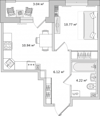 ЖК «Город Первых», планировка 1-комнатной квартиры, 35.07 м²