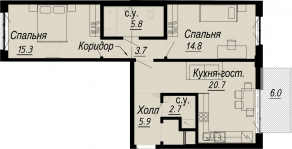 ЖК «Meltzer Hall», планировка 2-комнатной квартиры, 70.30 м²