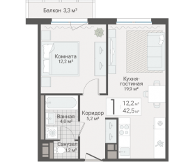 ЖК «Руднева, 15», планировка 1-комнатной квартиры, 42.50 м²