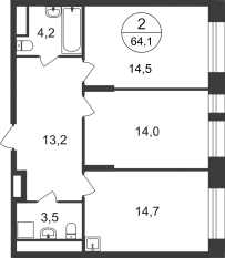 ЖК «Первый Московский», планировка 2-комнатной квартиры, 64.10 м²