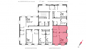 ЖК «Дмитровское небо», планировка 2-комнатной квартиры, 58.45 м²