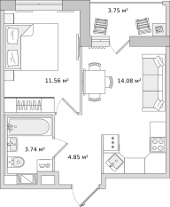 ЖК ЦДС «Dreamline», планировка 1-комнатной квартиры, 37.98 м²