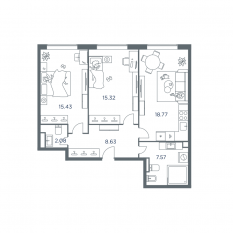 ЖК «iLove», планировка 2-комнатной квартиры, 67.00 м²