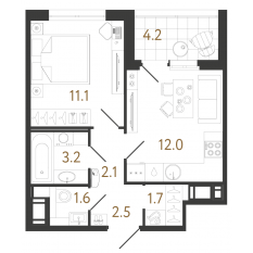 ЖК «Литера», планировка 1-комнатной квартиры, 34.20 м²