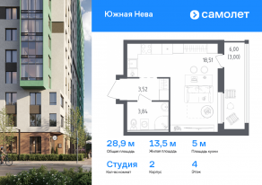 ЖК «Южная Нева», планировка студии, 28.87 м²