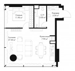 МФК «SLAVA», планировка 1-комнатной квартиры, 57.40 м²