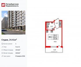 ЖК «Титул в Московском», планировка студии, 24.41 м²