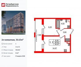ЖК «Город звезд», планировка 1-комнатной квартиры, 30.63 м²