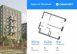 ЖК «Квартал Лаголово», планировка 1-комнатной квартиры, 33.08 м²