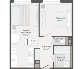 ЖК «Руднева, 15», планировка 1-комнатной квартиры, 43.10 м²