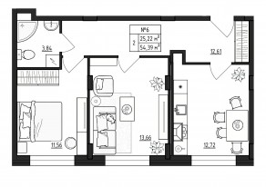 МЖК «Верево-Сити», планировка 2-комнатной квартиры, 54.39 м²