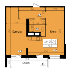 ЖК «Прагма City», планировка 1-комнатной квартиры, 56.90 м²