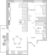 ЖК «Parkolovo», планировка 1-комнатной квартиры, 60.70 м²