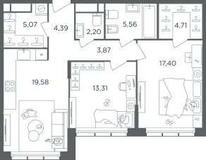 ЖК «Headliner», планировка 2-комнатной квартиры, 77.00 м²
