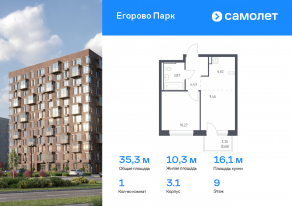 ЖК «Егорово Парк», планировка 1-комнатной квартиры, 35.33 м²