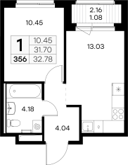 ЖК «GloraX Новоселье», планировка 1-комнатной квартиры, 32.78 м²