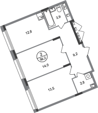 ЖК «Переделкино Ближнее», планировка 2-комнатной квартиры, 56.20 м²