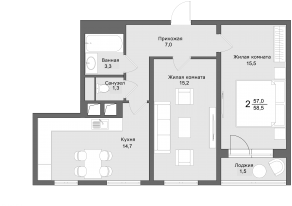ЖК «Клевер», планировка 3-комнатной квартиры, 58.20 м²