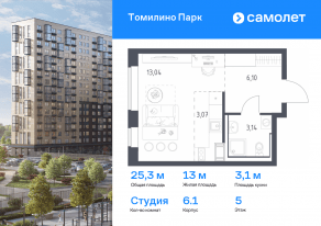 ЖК «Томилино Парк», планировка студии, 25.30 м²