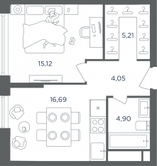 ЖК «Headliner», планировка 2-комнатной квартиры, 46.20 м²