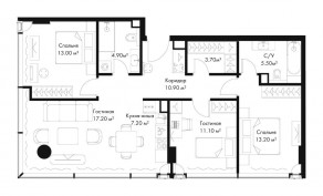 МФК «SLAVA», планировка 3-комнатной квартиры, 86.70 м²