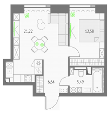 ЖК «Upside Towers», планировка 1-комнатной квартиры, 45.93 м²