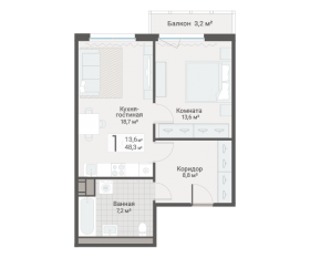 ЖК «Руднева, 15», планировка 1-комнатной квартиры, 48.30 м²