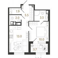 ЖК «Струны», планировка 1-комнатной квартиры, 35.90 м²