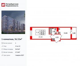 ЖК «Бионика Заповедная», планировка 1-комнатной квартиры, 36.32 м²