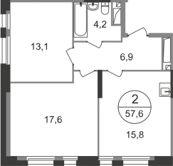 ЖК «Первый Московский», планировка 2-комнатной квартиры, 57.60 м²
