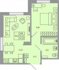 ЖК «Стороны света-2», планировка 1-комнатной квартиры, 31.32 м²