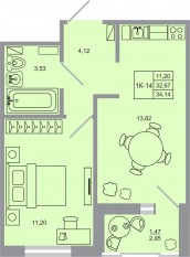 ЖК «Стороны света-2», планировка 1-комнатной квартиры, 34.14 м²