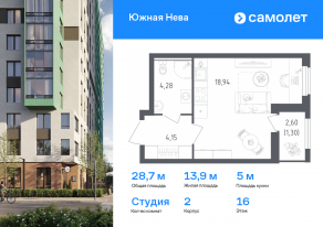 ЖК «Южная Нева», планировка студии, 28.67 м²