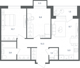 МФК «Равновесие», планировка 3-комнатной квартиры, 51.50 м²