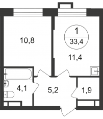 ЖК «Первый Московский», планировка 1-комнатной квартиры, 33.40 м²