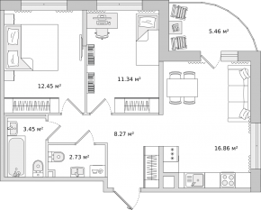 ЖК ЦДС «Dreamline», планировка 2-комнатной квартиры, 54.30 м²