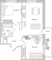 ЖК «Parkolovo», планировка 2-комнатной квартиры, 60.42 м²