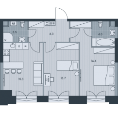 ЖК «EVER», планировка 3-комнатной квартиры, 59.20 м²