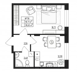 МЖК «Верево-Сити», планировка 1-комнатной квартиры, 38.65 м²