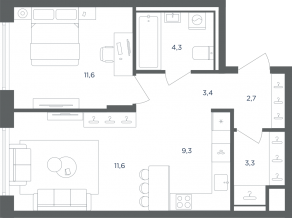 МФК «Равновесие», планировка 2-комнатной квартиры, 46.20 м²