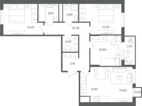 МФК «Равновесие», планировка 4-комнатной квартиры, 79.70 м²