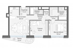 ЖК Дом «Лаврушинский», планировка 2-комнатной квартиры, 88.60 м²
