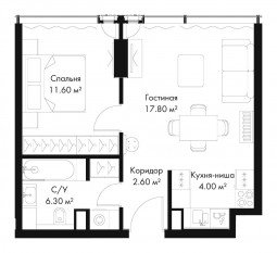 МФК «SLAVA», планировка 1-комнатной квартиры, 42.30 м²